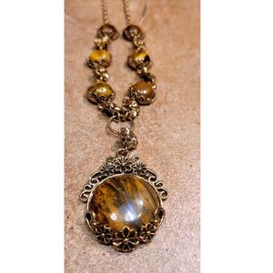Boho Tiger Eye Gemstone Pendant Necklace Antique Gold Tone Ornate Floral